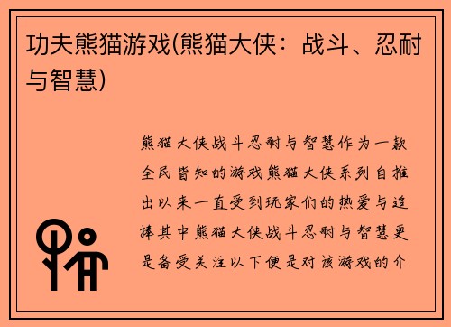 功夫熊猫游戏(熊猫大侠：战斗、忍耐与智慧)
