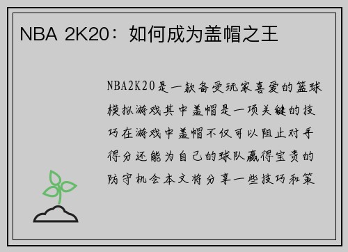 NBA 2K20：如何成为盖帽之王
